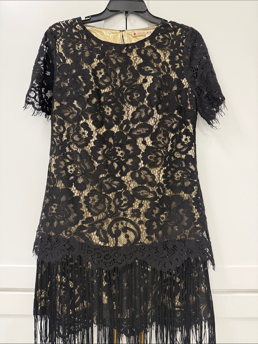 Chelsea & Violet Black Lace Mini Dress with Gold Underlay and Fringe Hem